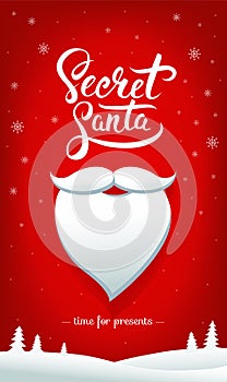 Secret Santa flyer or card design with handwritten calligraphy, white beard, snowflakes and snowy background. - Vector