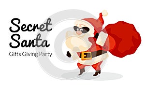 Secret Santa Funny cartoon Santa Claus sneaking with gift bag and mask. Christmas card with Santa sack present.