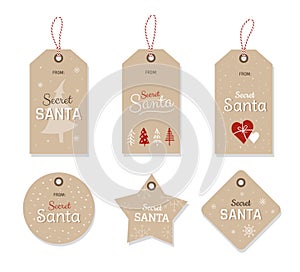 Secret Santa gift exchange. Set of cute Christmas tags with hand-drawn Christmas tree, hearts, and snowflakes.  - Vector
