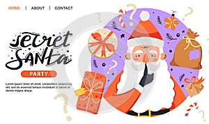 Secret Santa invitation template. Santa Claus showing to be silent gesture with gift and lettering.