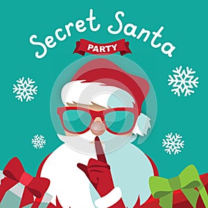 Secret Santa party template design on a blue background