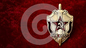 Secret service, intelligence agency, and espionage concept with cold war era KGB badge from the former USSR, on red background