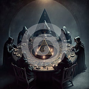 Secret Society on a round table making moves for the world, black cloaks, Dungeon,-  Generative AI