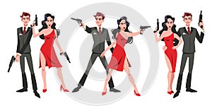 Secret super agents couple. Cartoon man and women spy characters with weapons, different poses, red dress and formal