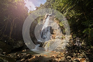 Secret tropical waterfall in jungle on a Samui island.