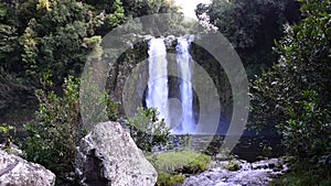 Secret tropical waterfall from Reunion island jungle, Indian Ocean, France.