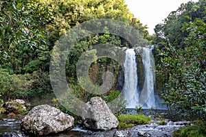 Secret tropical waterfall from Reunion island jungle, Indian Ocean, France.