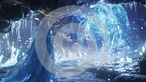 In a secret underground lair a powerful enchantress conjures a storm of ice and snow her body transforming into a photo