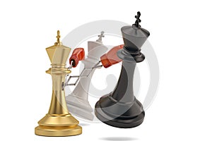 Secret weapon business concept with a chess king joke boxing glove.3D illustration