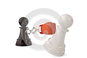Secret weapon business concept with a chess pawn joke boxing glove.3D illustration.
