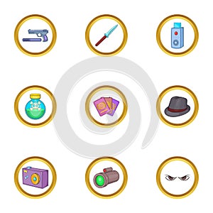 Secret weapon icons set, cartoon style