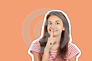 Secret woman. Smiling female showing hand silence sign. emotional girl Magazine collage style with trendy color background