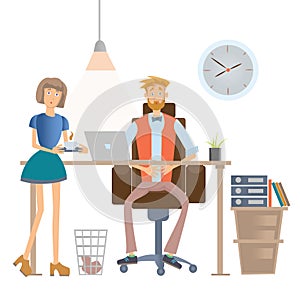 Secretary brings coffee to the boss. Man and woman in casual clothes in office interior. Vector illustration, on white