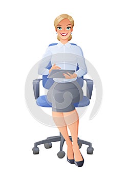 Secretary in office chair with tablet computer. Isolated raster illustration.