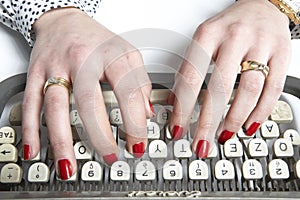 Secretary with typewriter on white background