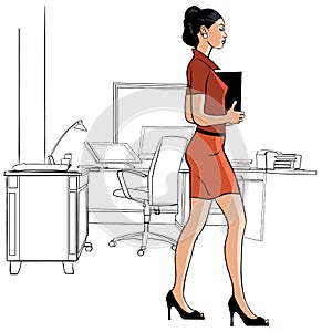 Secretary walking in an office - illustration