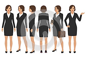 Secretary woman cartoon character, front, back and side view of businesswoman