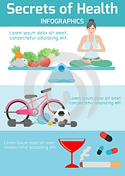 Secrets of health ,health tips for you,yoga,exercise, healthy foods, meditating, banner header, healthcare concept, elements infog