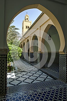 A section of the beautiful courtyard at the Mausoleum of Moulay Ismail in Meknes, Morocco.