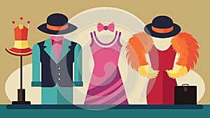 A section dedicated to vintage clothing featuring feather boas sequined flapper dresses and brightly colored bowler hats photo