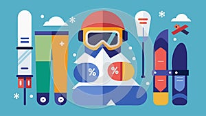 A section dedicated to winter sports equipment with skis snowboards and helmets all at discounted prices.. Vector