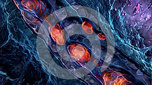 A section of diseased cardiac muscle cells with irregularities and scar tissue disrupting their normal functioning photo