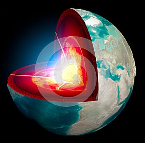 Section of the Earth, globe. Core and soil layers. Earth`s surface and ground section