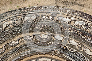 A section of the famous stone moonstone at the Ratnaprasada at Anuradhapua.
