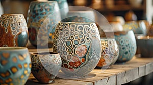 A section featuring handmade pottery with intricate patterns representing different particle collisions a unique gift photo