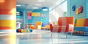 A section of the hospital lobby is dedicated to a childrenâs play area, with bright, playful colors, toys, and kid photo