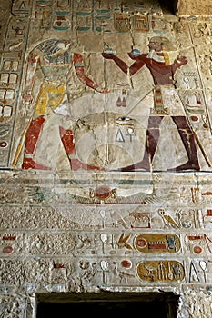 A section of the incredible hieroglyphs at the Temple of Hatshepsut at Deir al-Bahri near Luxor in central Egypt. photo