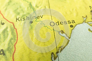 This is a section of a map, highlighting Kishinev and Odessa The terrain appears to be a mix of lowland and slightly photo