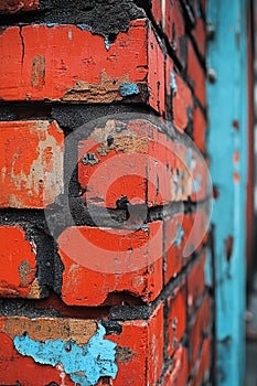 A section of red brick wall with blue paint applied in various patterns and designs