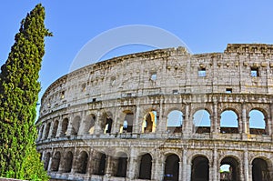 Section of, Roman Colosseum, against a clear, blue sky, in April