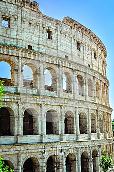 Section of, Roman Colosseum, against a clear, blue sky, in April