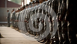 Section of soldiers legs in military uniform and boots standing in line at camp, american army