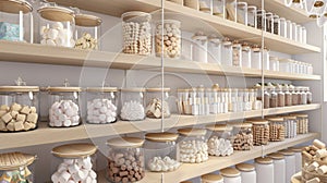 A section of the store dedicated to gourmet sweets with shelves lined with jars of homemade marshmallows candied nuts