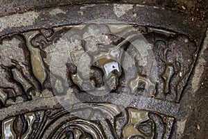 A section of an unique Buddhist moonstone at Lahugala Magul Mahavihara in Sri Lanka.
