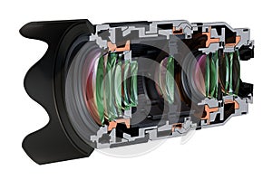 Sectional camera lens view closeup, 3D rendering