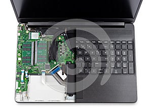 Sectional top view of black modern laptop notebook computer with visible hardware isolated white background. Pc repair help