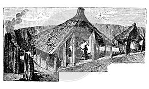 Sectional View of African Bantu Village House.History and Culture of Africa. Antique Vintage Illustration. 19th Century. photo