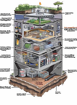 Sectional view of an innovative eco-habitat with integrated green technologies and self-sustaining environmental systems