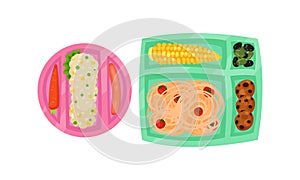 Sectioned Tray or Lunchbox with Food and Nutrition Vector Set