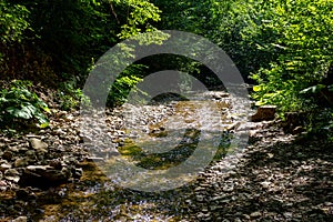 Sections of a mountain river that dry up in hot summer, walking along the canyon on a sunny day, communicating with nature,wild pl