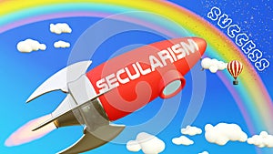 Secularism lead to achieving success in business and life. Cartoon rocket labeled with text Secularism, flying high in the blue photo