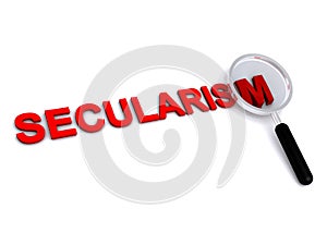 Secularism with magnifying glass on white photo