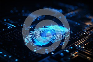 Secure access Fingerprint scan, binary code, deep blue background