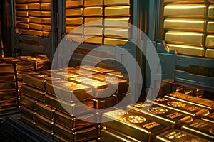 In secure bank vault, stack of large gold bars is displayed
