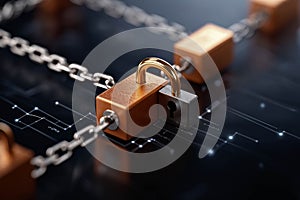 Secure blockchain network represented by interconnected locks and chains. Generative AI Illustration.