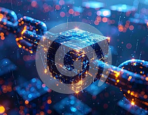 Secure Blockchain Cube Connected by Digital Chains Data Security Concept